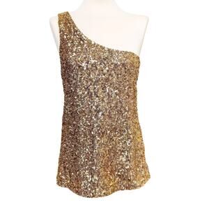 Alice and Olivia Gold Sequin Top sz L One Shoulder Glam Dressy Lux Designer